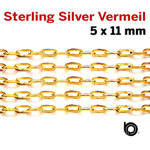 Sterling Silver Vermeil Paperclip chain, w/ 1 Micron Gold, 11 x 5 mm, (SS-182-SM) - Beadspoint