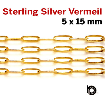 Sterling Silver Vermeil Paperclip chain, w/ 1 Micron Gold, 15 x 5 mm, (SS-182-LG) - Beadspoint