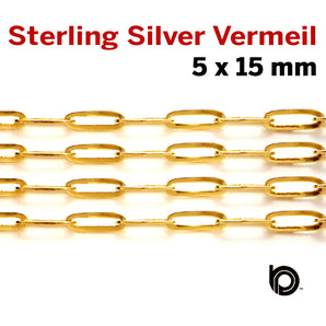 Sterling Silver Vermeil Paperclip chain, w/ 1 Micron Gold, 15 x 5 mm, (SS-182-LG) - Beadspoint