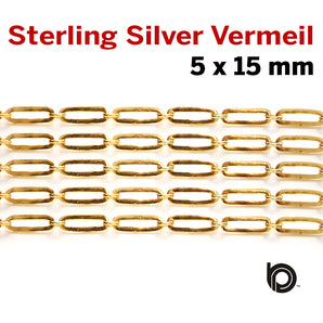Sterling Silver Vermeil Paperclip chain w/ring, w/ 1 Micron Gold,  5 x 15 mm, (SS-182-LGR) - Beadspoint