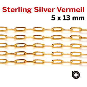 Sterling Silver Vermeil Paperclip chain, w/ 1 Micron Gold, 13 x 5 mm, (SS-182-MD) - Beadspoint
