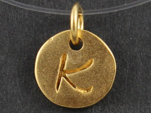 24K Gold Vermeil Over Sterling Initial "K" on a Disc Charm -- VM/2034/K - Beadspoint