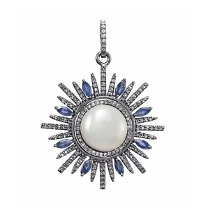 Pave Diamond, Pearl and Sapphire Sunbrust Pendant, (DPL-2387) - Beadspoint