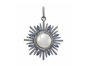 Pave Diamond, Pearl and Sapphire Sunbrust Pendant, (DPL-2387) - Beadspoint