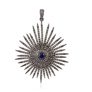 Pave Diamond Large Sunburst Pendant with Sapphire, (DPL-2382) - Beadspoint