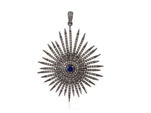 Pave Diamond Large Sunburst Pendant with Sapphire, (DPL-2382) - Beadspoint